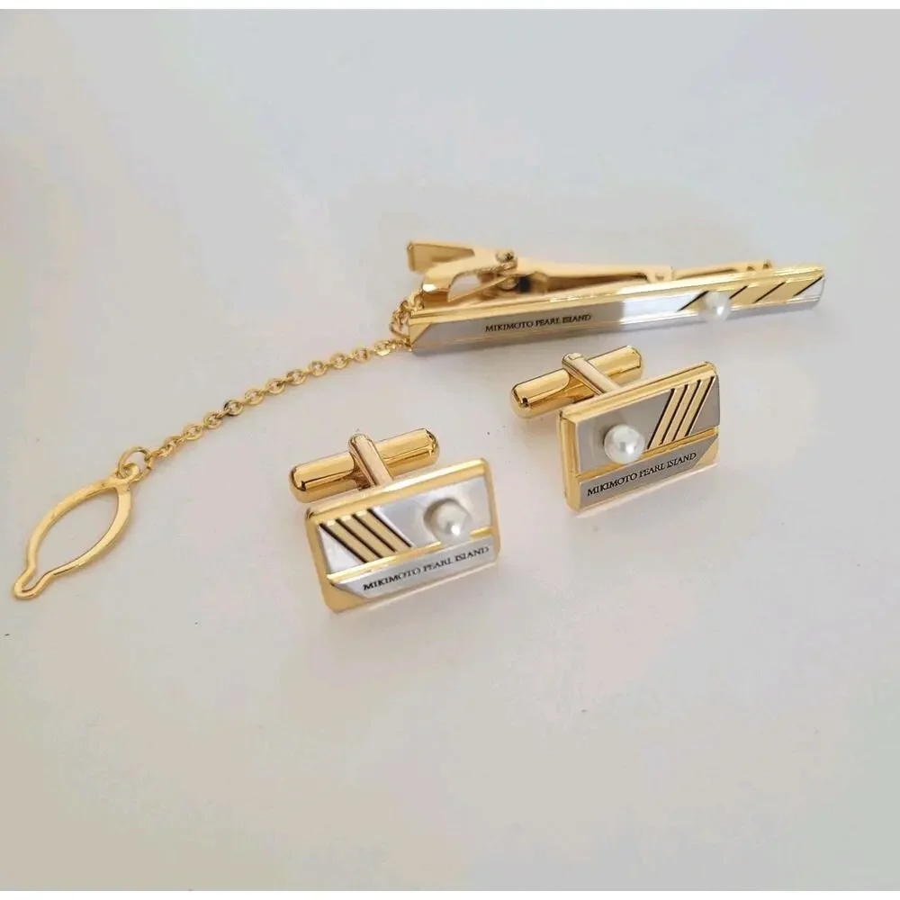MIKIMOTO Tie Pin Bar and Cufflinks with Geniue Acoya Pearl Set Gold Silver Tone